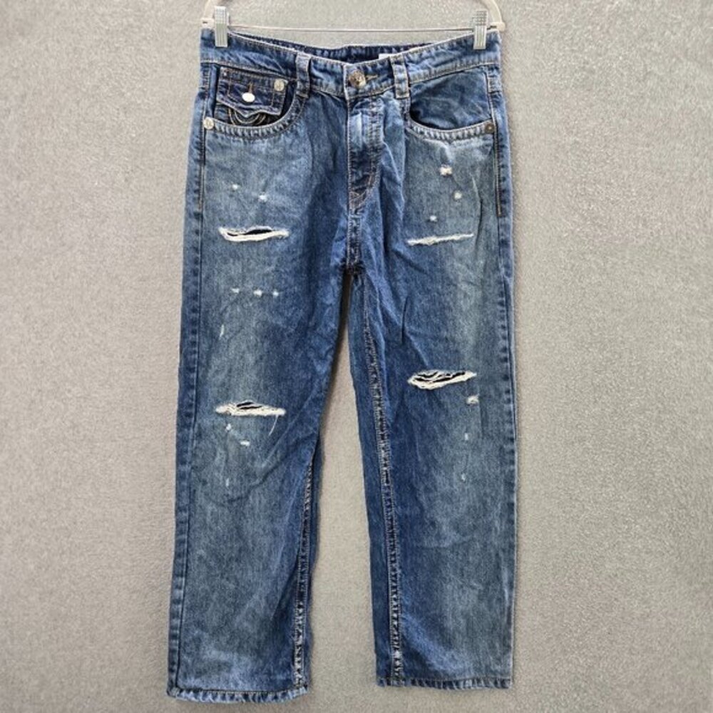 True Religion Man Jean Pants 32x38 Blue Denim Distressed Dragon Embroidered